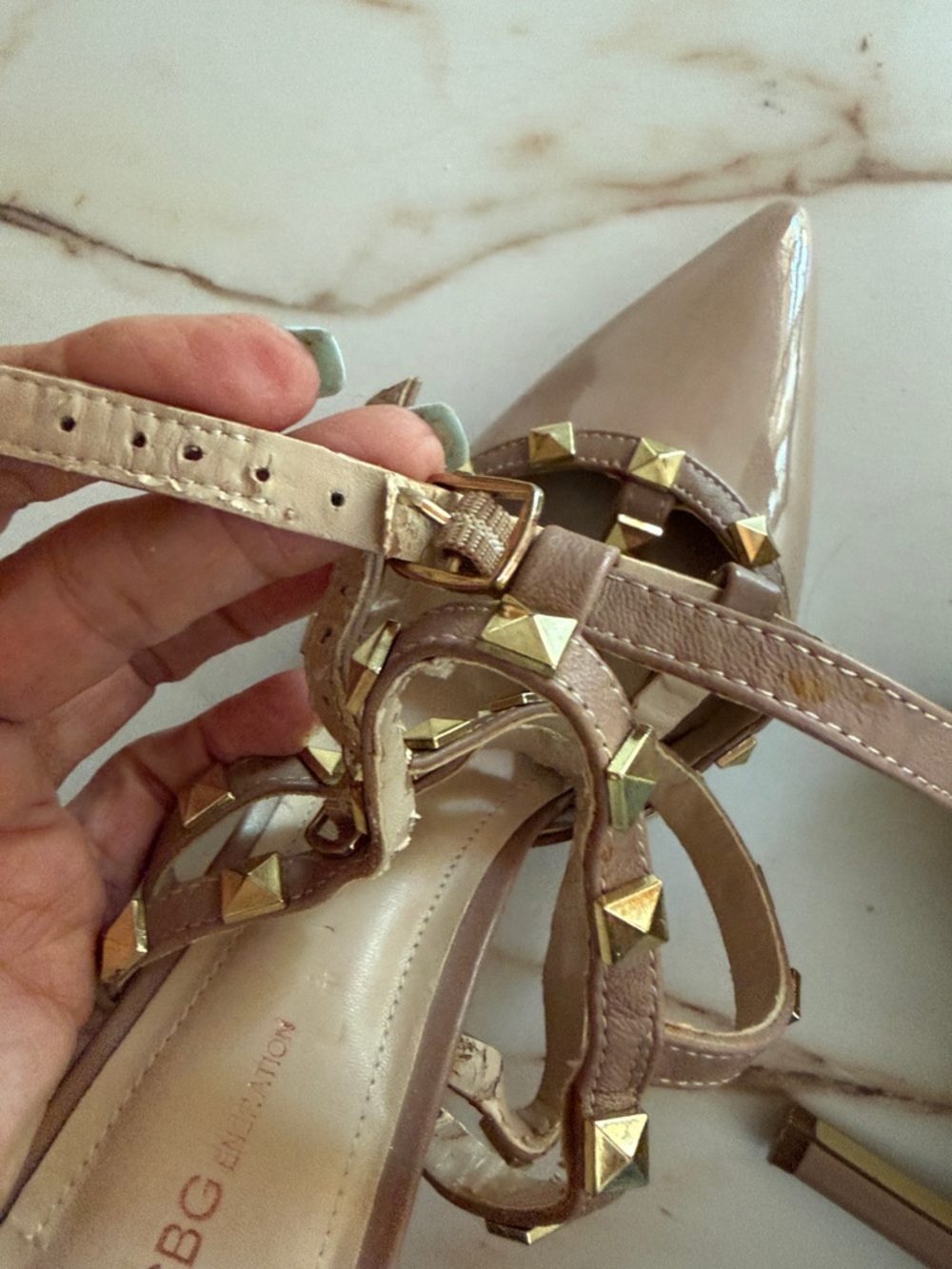 BCBGeneration Nude Patent T-Strap Pointed Stud Pumps - Picture 10 of 14
